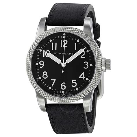 Burberry Military Black Dial Black Leather Strap Men's 